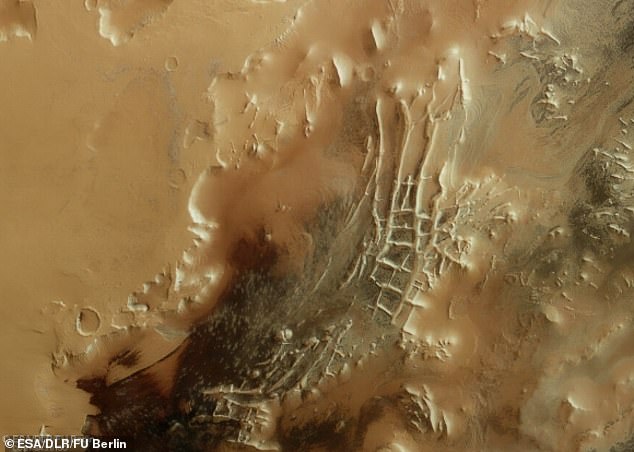 يظهر المريخ هنا بدرجات اللون البني والأسمر.  إلى اليسار، يمكن رؤية ميزتين رئيسيتين - شبكة مرتفعة من التلال والجدران الخطية الشبيهة بالشبكة المعروفة باسم مدينة الإنكا، وتناثر البقع الداكنة التي تشير إلى وجود ميزات تعرف باسم 