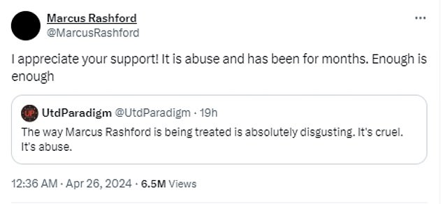 شكر راشفورد المشجعين عبر الإنترنت على دعمهم قبل أن يقول إنه 