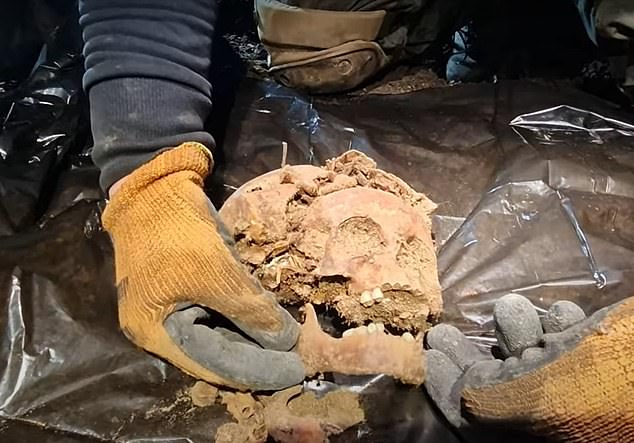 عالم آثار يحمل جمجمة تم العثور عليها أسفل مجمع المخبأ