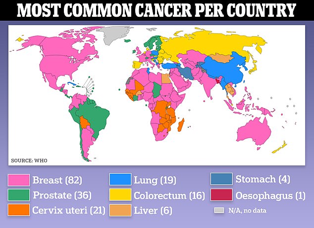 يوضح ما سبق أكثر أنواع السرطان شيوعاً في كل دولة، حيث يحتل سرطان الثدي المرتبة الأولى في عشرات البلدان