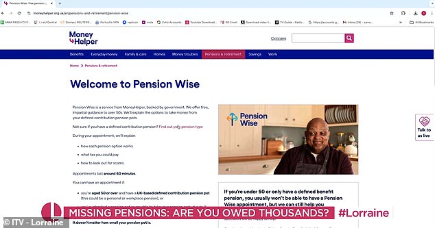 شاركت كلير عددًا من الموارد التي يمكن أن تساعدك في العثور على المعاشات التقاعدية المفقودة، بما في ذلك موقع Pension Wise (في الصورة)