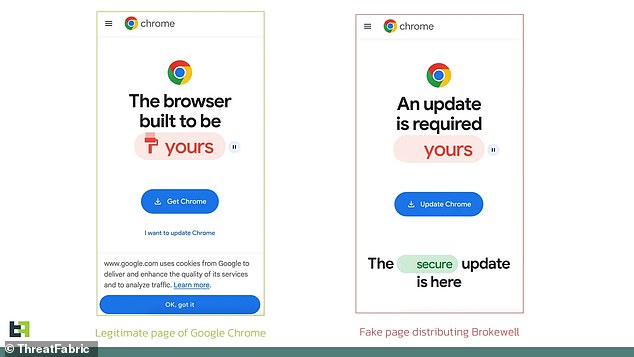 يتظاهر Brokewell حاليًا بأنه تحديث لمتصفح Google Chrome لنظام التشغيل Android، وفي بعض الأحيان ينتحل شخصية إعلانات Google للحصول على التحديثات (على سبيل المثال أعلاه)، وفقًا لأحدث النصائح من الباحثين الأمنيين في ThreatFabric