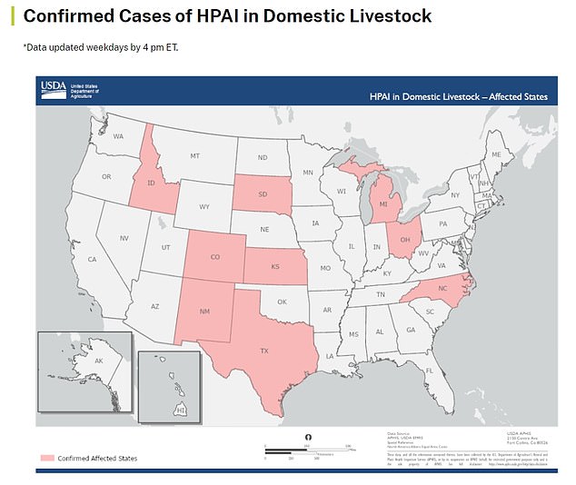 تُظهر الخريطة أعلاه الولايات التي أبلغت عن إصابات بأنفلونزا الطيور في قطعان الماشية