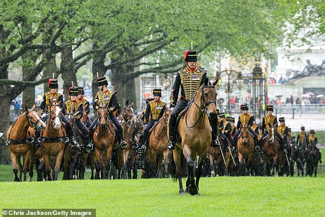 مدفعية الحصان الملكي للقوات الملكية في جرين بارك في لندن اليوم قبل التحية الملكية