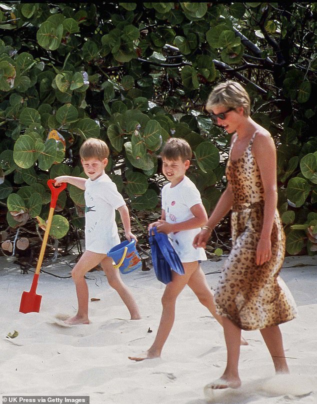 الأمير هاري، البالغ من العمر خمس سنوات، يقضي عطلة في جزيرة نيكر في منطقة البحر الكاريبي مع شقيقه الأمير ويليام ووالدته الأميرة ديانا، 11 أبريل 1990