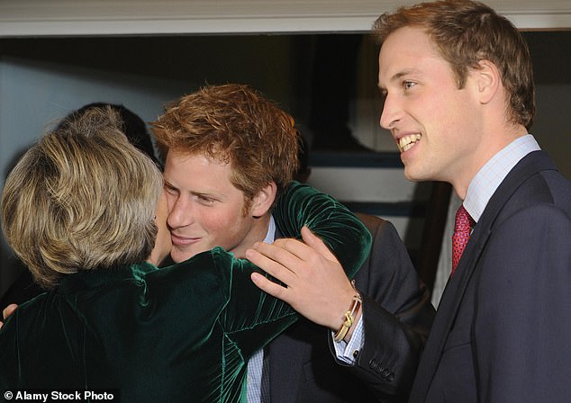 الأمير هاري يعانق كلير فان ستروبنزي بينما ينظر الأمير ويليام بينما أطلق الصبيان صندوق هنري فان ستروبنزي التذكاري في عام 2008