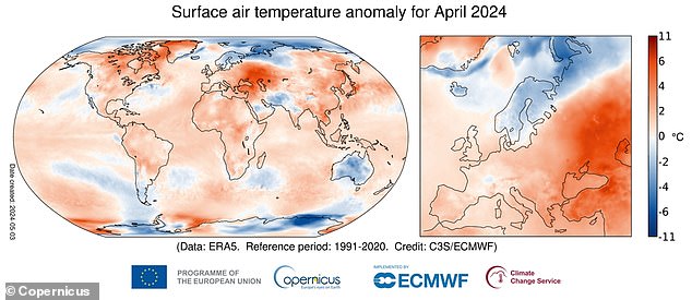 بلغت درجة حرارة الهواء السطحي لهذا الشهر 15.03 درجة مئوية - 0.67 درجة مئوية أعلى من متوسط ​​الفترة 1991-2020 لشهر أبريل، و0.14 درجة مئوية أعلى من المستوى القياسي السابق المسجل في أبريل 2016.