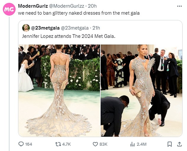 قام مدون أزياء يستخدم موقع ModernGurlz على الإنترنت بالتغريد، أثناء إعادة نشر لقطة من مظهر جنيفر، 