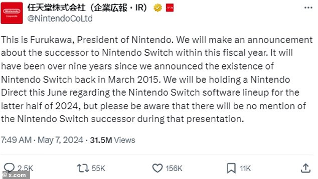 في منشور بسيط على حساب Nintendo الرسمي X (Twitter)، قال شونتارو فوروكاوا، رئيس Nintendo: 