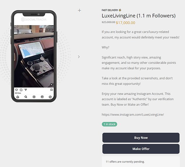 تم إدراج حساب Luxe Living الذي يضم 1.1 مليون متابع بمبلغ 17000 دولار، بعد أن كان 25000 دولار.