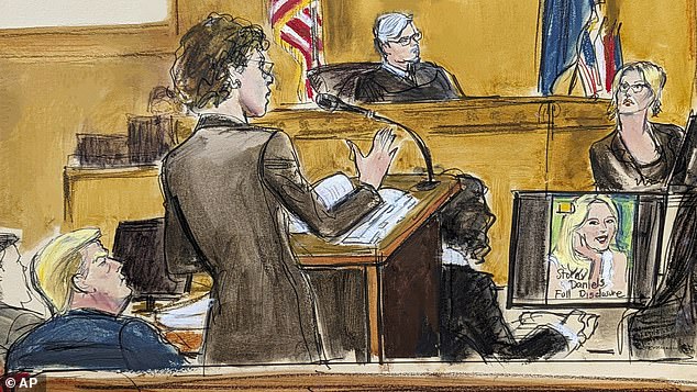 في هذا الرسم التخطيطي لقاعة المحكمة، تتفحص محامية الدفاع سوزان نيتشلز، في الوسط، ستورمي دانيلز، في أقصى اليمين، بينما ينظر إليها الرئيس السابق دونالد ترامب، على اليسار.