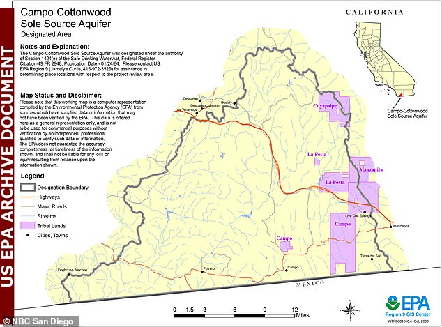 في الصورة: خريطة لطبقة المياه الجوفية Campo-Cottonwood Sole Source